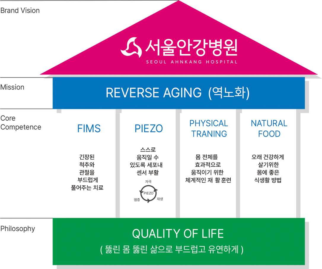 Brand Vision - 서울안강병원 / Mission - REVERSE AGING(역노화) / Core Competence - FIMS : 긴장된 척추와 관절을 부드럽게 풀어주는 치료, PIEZO : 스스로 움직일 수 있도록 세포내 센서 부활, PHYSICAL TRANING : 몸 전체를 효과적으로 움ㅈ기이기 위한 체계적인 재활훈련, NATURAL FOOD : 오래 건강하게 살기위한 몸에 좋은 식생활 방법 / Philosophy - QUALTY OF LIFE(뚫린 몸 뚫린 삶으로 부드럽고 유연하게)